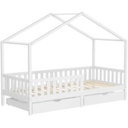 ML-Design Cama infantil casa madera blanco maciza de pino 90x200cm 2 cajones