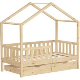 ML-Design Cama infantil casa madera natural maciza de pino 70x140cm 2 cajones