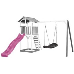 Axi Parque infantil con tobogán lila, columpio nido, madera, blanco/gris