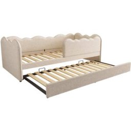 MODFU Cama infantil de lino beige de 90x190 cm con cama nido de 90x190 cm