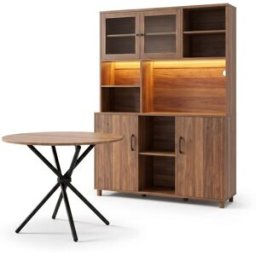 Urban Meuble Conjunto de salón: aparador alto con LED y mesa redonda de madera