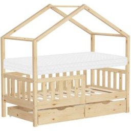 ML-Design Cama infantil casa de madera natural 70x140 cm con colchón y 2 cajones