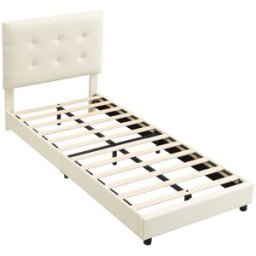 OKWISH Cama infantil beige de madera con cabecero acolchado 90x200 cm