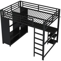 ComfortXL Cama alta infantil con escritorio armario y led negro 140 x 200 cm