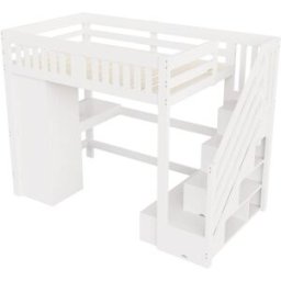 ComfortXL Cama alta madera escritorio almacenaje led blanca 140x200 cm
