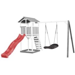 Axi Parque infantil, tobogán rojo, columpio nido, madera, blanco/gris