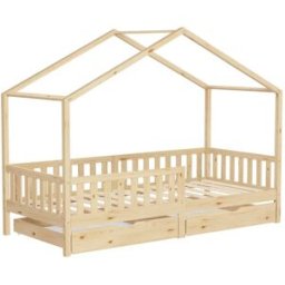 ML-Design Cama infantil casa madera natural maciza de pino 90x200cm 2 cajones