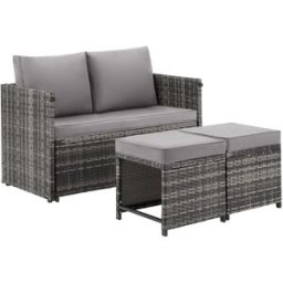 Tectake Conjunto de ratán 2 en 1, 4 plazas con cojines, gris