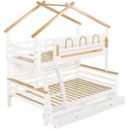 OKWISH Litera infantil blanca y natural de madera con cajones 90x200 cm