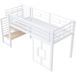ComfortXL Cama alta infantil de hierro con escalera y led blanca 90 x 200 cm