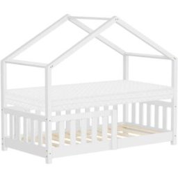 ML-Design Cama infantil casa de madera blanca maciza pino 70x140cm con colchón