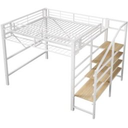 ComfortXL Cama alta infantil de hierro con escalera y led blanca 140 x 200 cm