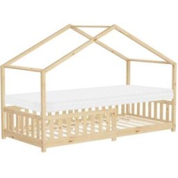 ML-Design Cama infantil casa de madera natural maciza 90x200cm con colchón 10cm