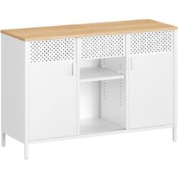 SONGMICS Armario de almacenamiento con puertas dobles de color blanco y beige