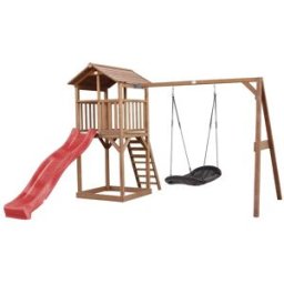 Axi Parque infantil con tobogán rojo, columpio tipo nido, madera, marrón