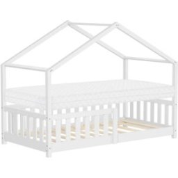 ML-Design Cama infantil casa de madera blanca maciza pino 80x160cm con colchón
