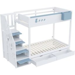 ComfortXL Litera con conejos y almacenamiento blanco azul 90x200 cm