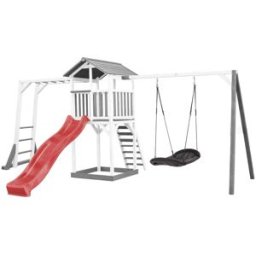 Axi Parque infantil con tobogán rojo, columpio nido, madera, blanco/gris