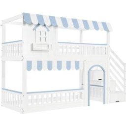 ComfortXL Cama alta infantil casa escalera almacenaje blanca azul 90x200 cm