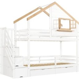 ComfortXL Litera casa escalera cajones blanca natural 90x200 cm