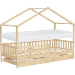 ML-Design Cama infantil casa de madera natural 90x200cm 2 cajones + colchón 16cm