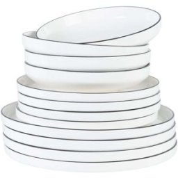 Maisons du Monde Vajilla de porcelana blanca con borde negro de 12 piezas
