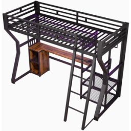 ComfortXL Cama alta infantil de hierro con escritorio y led negra 90 x 200 cm