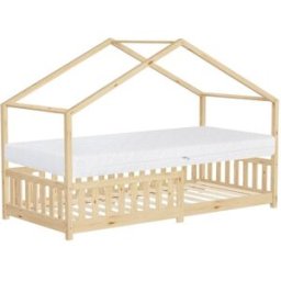 ML-Design Cama infantil casa de madera natural maciza 90x200cm con colchón 16cm