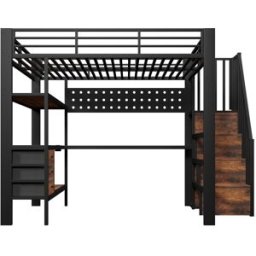 ComfortXL Cama alta infantil de hierro con escritorio y led negra 140 x 200 cm