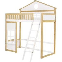 ComfortXL Cama alta infantil casa ventanas blanca natural 90x200 cm