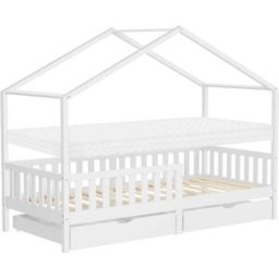 ML-Design Cama infantil casa de madera blanco 90x200cm 2 cajones + colchón 10cm