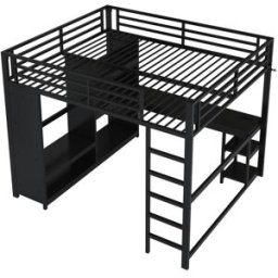 ComfortXL Cama alta infantil de hierro con escritorio y led negra 160 x 200 cm
