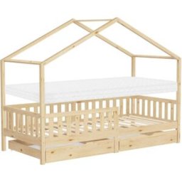 ML-Design Cama infantil casa de madera natural 90x200cm 2 cajones + colchón 10cm