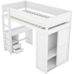ComfortXL Cama alta infantil 90x200 cm con escritorio y armario blanca
