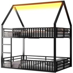 ComfortXL Litera casa de hierro con LED negra 140x200 cm