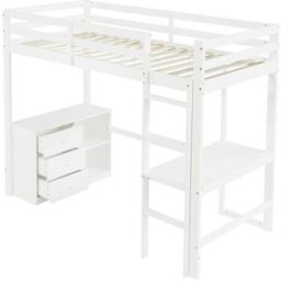 OKWISH Cama alta infantil blanca de madera con escritorio 90x200 cm