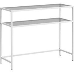 VASAGLE Mesa de consola con tablero de vidrio templado de color blanco y gris