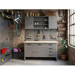 Unique Banco de trabajo con tablero de madera, panel perforado y armario mural en acero - An. 160 x Pr. 60 x Alt. 205 cm - Gris BRICANO