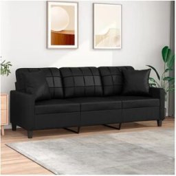 vidaxl Sofá de 3 plazas con cojines cuero sintético negro 180 cm