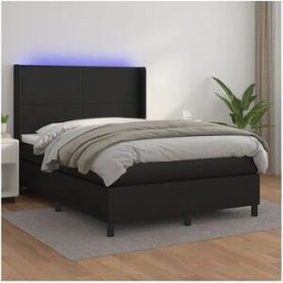 vidaxl Cama box spring colchón y LED cuero sintético negro 140x190 cm