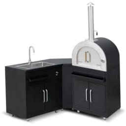 Oviala Cocina metálica exterior con 3 módulos fregadero y horno de pizza.