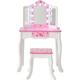 Teamson Tocador Infantil con Espejo Triple LED y Cajón Organizador, 99cm, Rosa