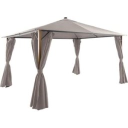 sweeek Gazebo de jardín 3x4m de aluminio efecto madera con cortinas y led,