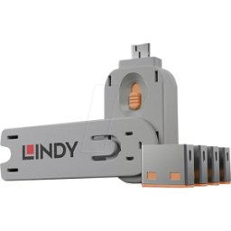 LINDY 40453 - Bloqueo de puerto USB a (1 llave, 4 cerraduras), naranja