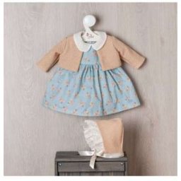 VESTIDO LEO AZUL FLORES NARANJAS CON HAQUETA BEIGE
