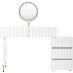 Meubles Cosy Tocador blanco, espejo led redondo, 4 cajones, diseño ondulado