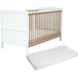 AT4 Cuna bebé madera ajustable con colchón blanco y haya barnizada
