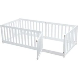 OKWISH Cama infantil blanca de madera con valla y puerta 90x200 cm