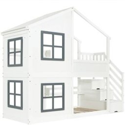 ComfortXL Litera infantil casa escalera almacenaje blanca gris 90x200 cm