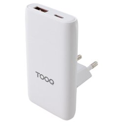Cargador de dispositivos móviles TooQ TQWC-GANSL65W1A1C GaN 65W USB-C y USB-A Blanco ultrafino